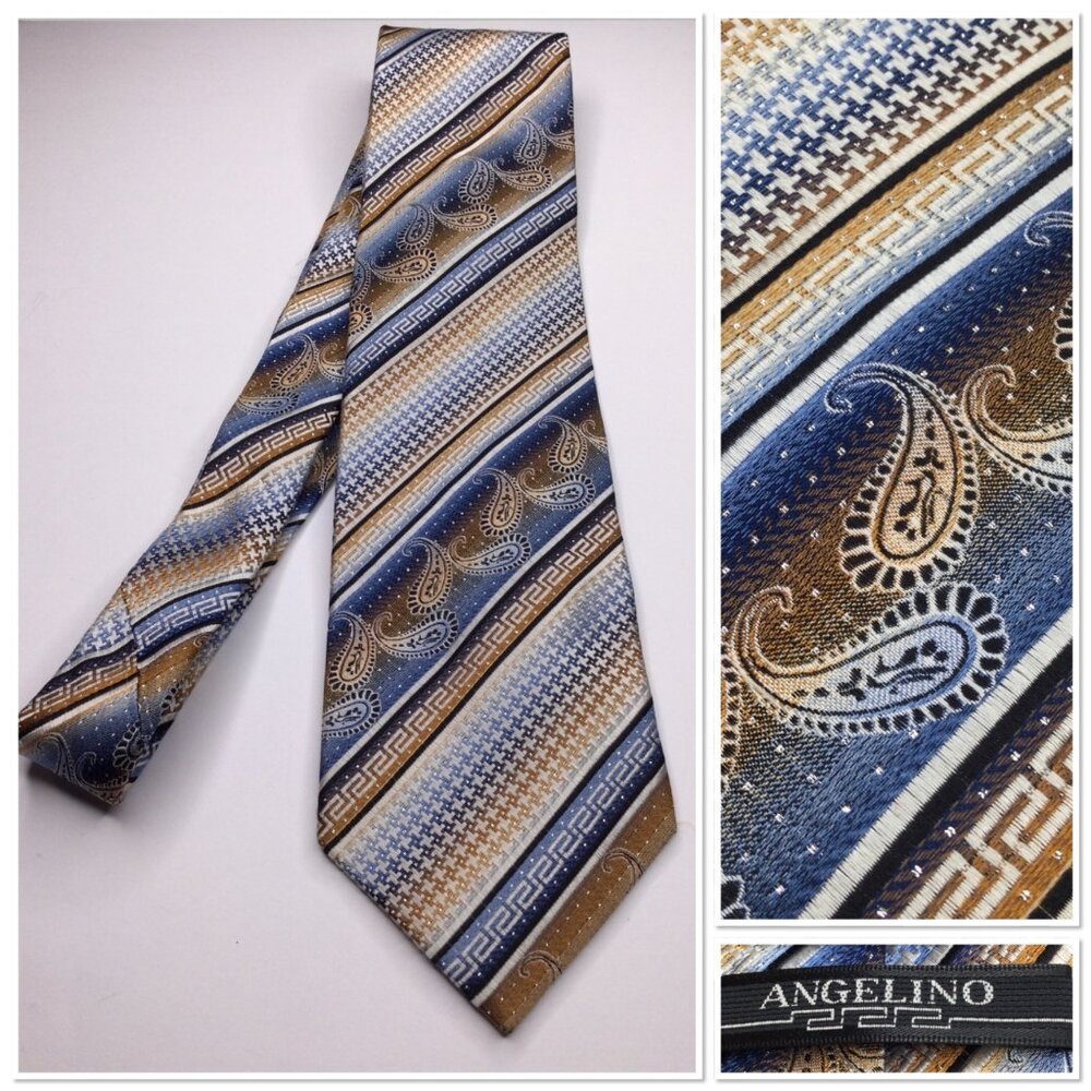 Angelino Mens Silk Tie Paisley Stripe Geometric Pattern Blue & Gold Tones